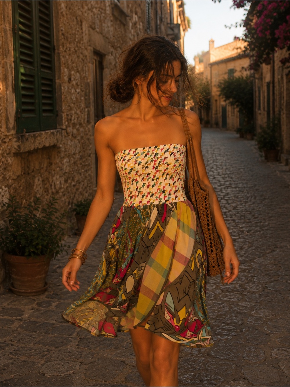 DEPT Linen Blend Strapless Patchwork Mini Dress Boho Euro Summer